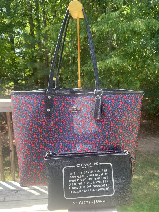 Coach Handbags - Coach Navy Floral Tote reversible, with Black Trim and Matching Pouch